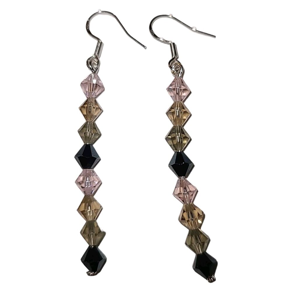 Sterlingโ Silver 925 Black Champagne & Pink Crystal Glass Drop Dangle Earrings
